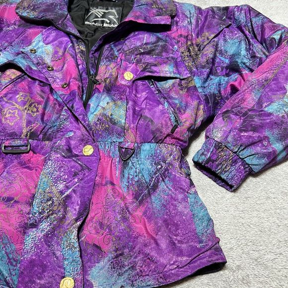 Vintage Black Bear Ski Jacket Womens 8 Purple Abstract Splash All Over Print 80s - Picture 7 of 13
